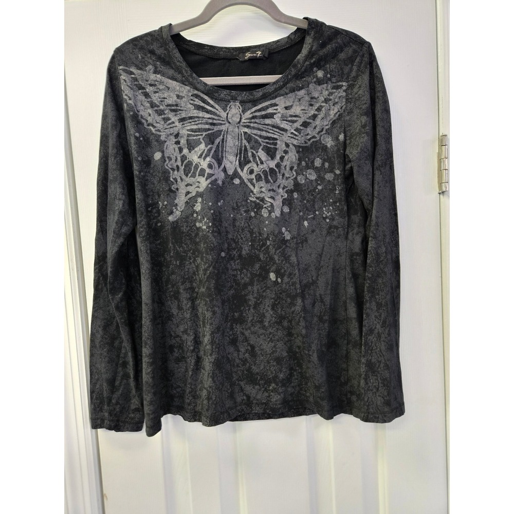 Seven7 Womens Long Sleeve Butterfly Graphic Tee Charcoal Mineral Wash Medium